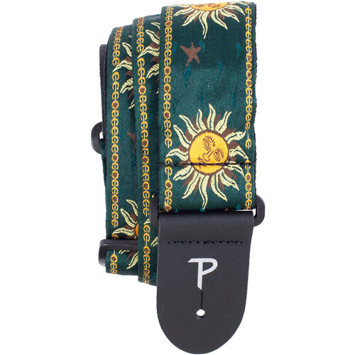 Perris 2" Jacquard Guitar Strap - Suns on Emerald Green Design with Leather Ends, Adjustable 39" to 58"