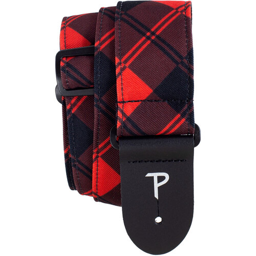 Perris 2" Red/Black Plaid Dye-Sub Poplin Fabric Guitar Strap with Leather Ends, Adjustable 39" to 58"