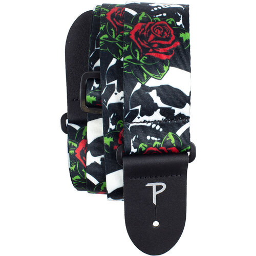 Perris 2" Polyester Skulls & Roses Guitar Strap with Leather Ends, Adjustable 39" to 58"