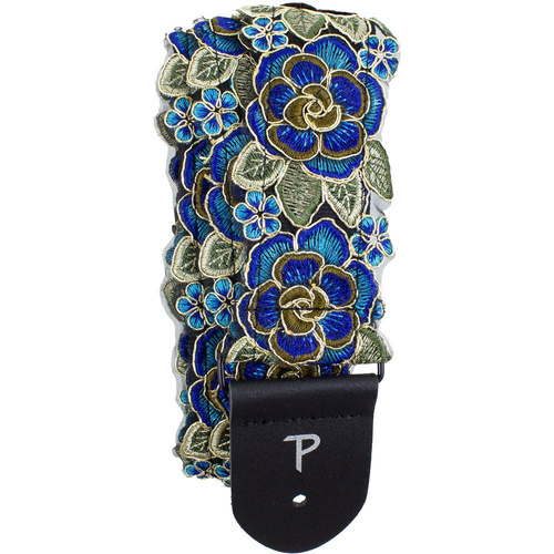 Perris 2" Wide Stitched 3D Lace Ribbon Guitar Strap - Blue & Gold Floral Design, Adjustable 39" to 58"