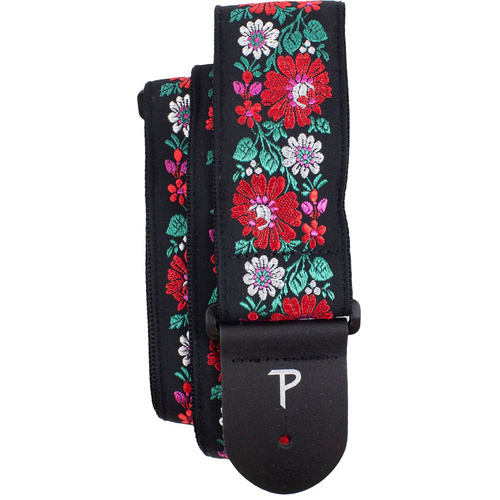 Perris 2.5" Jacquard Guitar Strap - Red Floral on Black Design with Leather Ends, Adjustable 39" to 58"