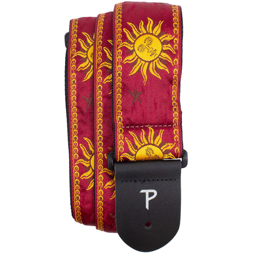 Perris 2.5" Jacquard Guitar Strap - Gold Celestial on Burgundy Design with Leather Ends
