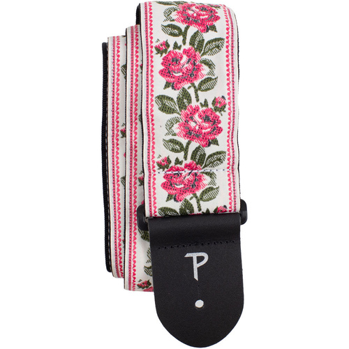 Perris 2.5" Jacquard Guitar Strap - Red Roses on White Design with Leather Ends, Adjustable 39"-58"