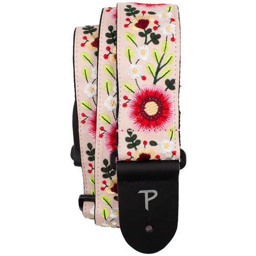 Perris 2" Jacquard Guitar Strap with Pink Floral Embroidery and Leather Ends, Adjustable 39" to 58"