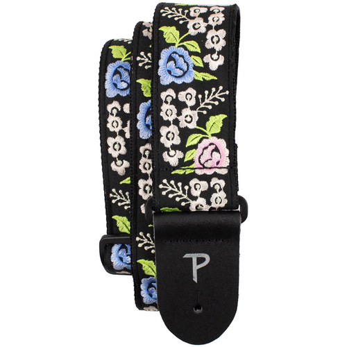Perris 2" Jacquard Guitar Strap with Black Floral Trail Embroidery and Leather Ends, Adjustable 39" to 58"