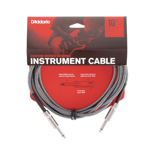 D'Addario PW-BG-10BG 10FT Braided Instrument Cable with Straight 1/4" TS Connectors, Dual-Layer Shielding, and Lifetime Warranty