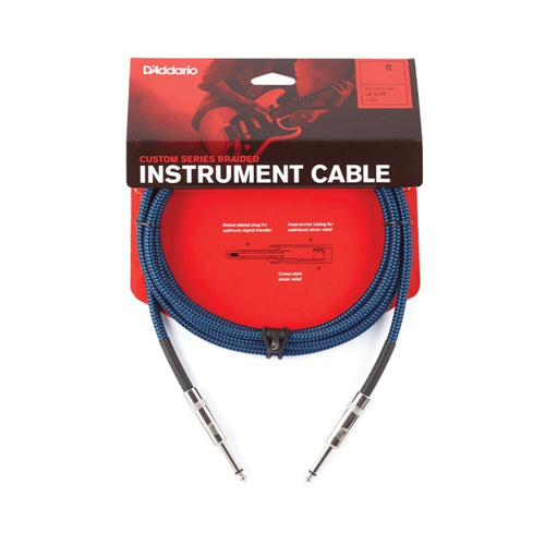 D'Addario PW-BG-15BU 15ft Braided Instrument Cable Blue Nylon Jacket 1/4" TS Male