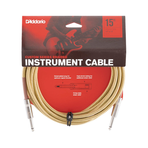 D'Addario PW-BG-15TW 15FT Braided Instrument Cable with Tweed Jacket and Nickel-Plated Connectors