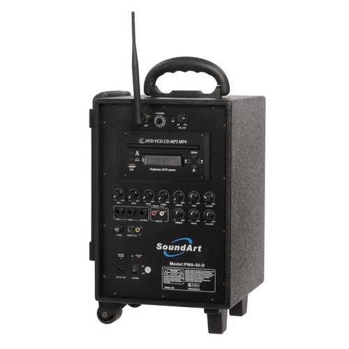 SoundArt PWA-50-D 50 Watt Rechargeable Wireless PA System with DVD Player and Wireless Microphone