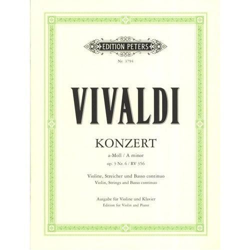 Concerto Op. 3 No. 6 A Minor RV 356 for Violin and Piano Bk/CD by Antonio Vivaldi