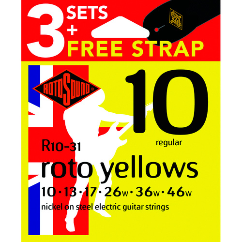 Rotosound Roto Yellows Electric Guitar String Set 3-Pack with Bonus Strap [R1031]