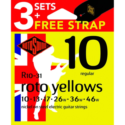 Rotosound Roto Yellows Electric Guitar Strings Value 3-Pack with Free Strap [R1031]