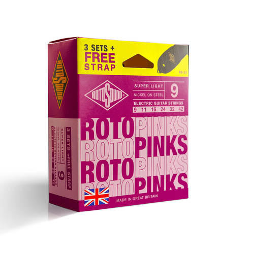 Rotosound Roto Pinks Electric Guitar String Set 3-Pack with Bonus Strap [R931]