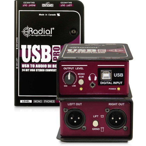 Stereo DI for USB Source, level control, mono sum, headphone out 