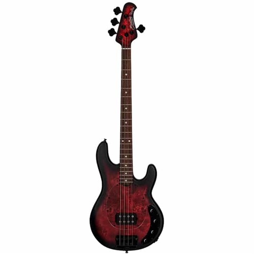 Sterling by Music Man SBMM StingRay RAY34 Poplar Burl, Dark Scarlet Burst Satin Bass