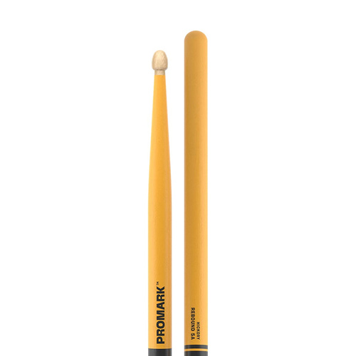 Promark Hickory 5A Drumsticks - Yellow Painted Finish, Acorn Tip, Long Taper, Wood Tip, American Hickory, Made in USA