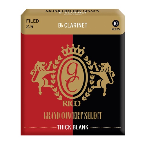 Rico Grand Concert Select Thick Blank Bb Clarinet Reeds, Filed, Strength 2.5, 10-pack