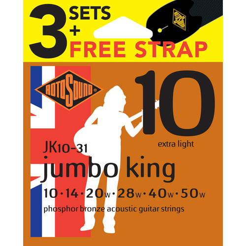 Rotosound Jumbo King Phosphor Bronze 3-Pack Acoustic Guitar Strings + Free Strap [RJK1031]