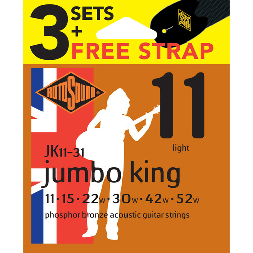 Rotosound Jumbo King Phosphor Bronze Acoustic Guitar Strings 3-Pack with Free Strap [RJK1131]