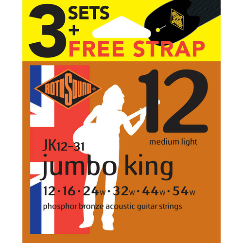 Rotosound Jumbo King Phosphor Bronze Acoustic Guitar Strings 3-Pack with Free Strap [RJK1231]