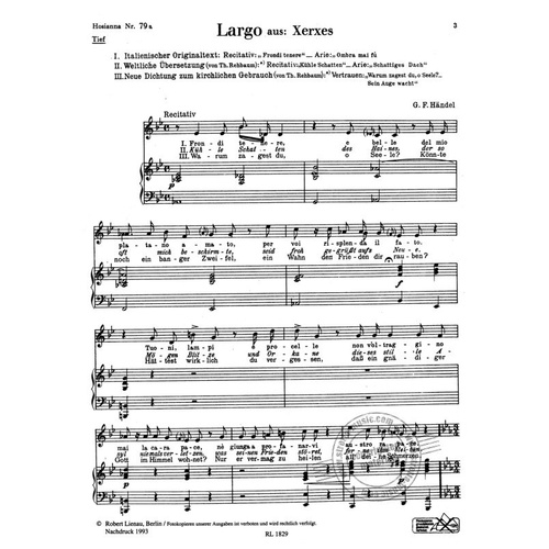 Handel - Largo from Xerxes for Voice in E Flat, Publisher Robert Lienau, 1 Page