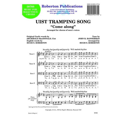 Uist Tramping Song (Come Along) TTBB A Cappella by John Bannerman, Arranged by Hugh S. Roberton, Roberton Publications