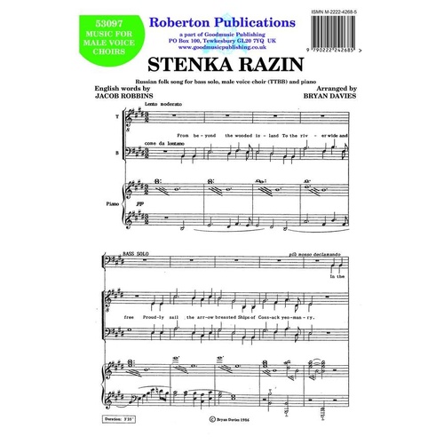Stenka Razin Bass Solo/TTBB/Piano by Bryan Davies, Roberton Publications, 1 Page