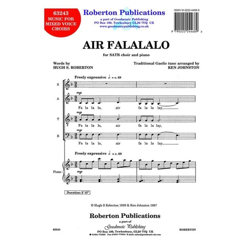 Air Falalalo SATB for Piano by Ken Johnston - 1 Page Choral Arrangement