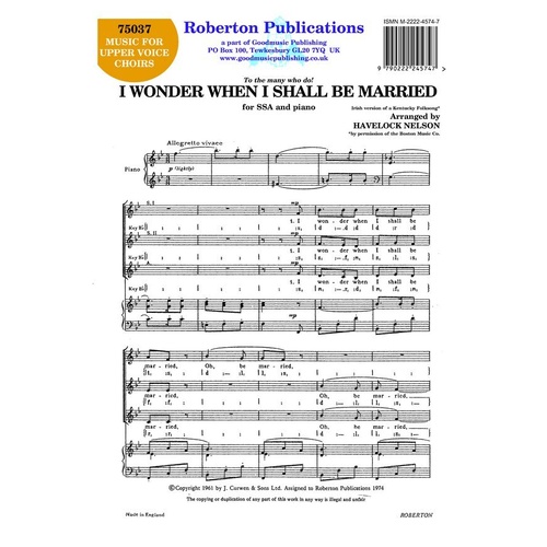 I Wonder When I Shall Be Married SSA/Piano by Roberton Publications