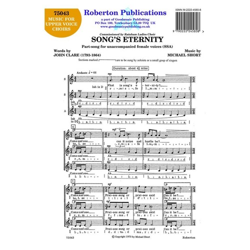 Songs Eternity SSA A Cappella by Michael Short, Roberton Publications, Choral, 1 Page