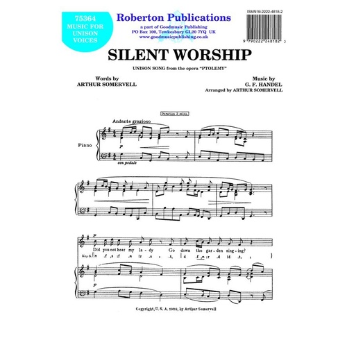 Silent Worship (Key G) for Unison/Piano by Handel, Arranged by Somervell, Roberton Publications, 1 Page