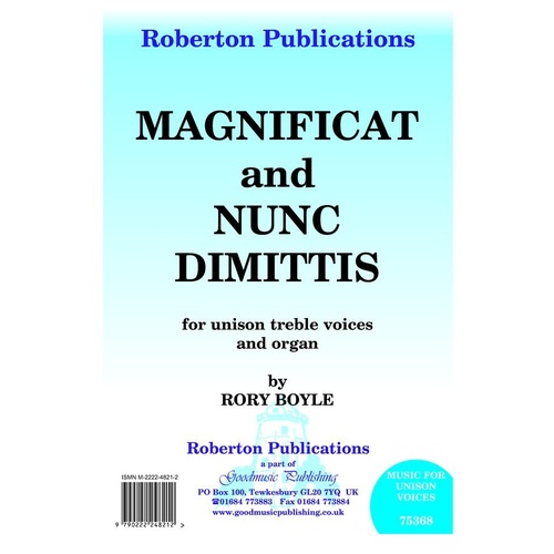 Magnificat & Nunc Dimittis for Unison Treble/Organ by Rory Boyle, Roberton Publications, 1 Page