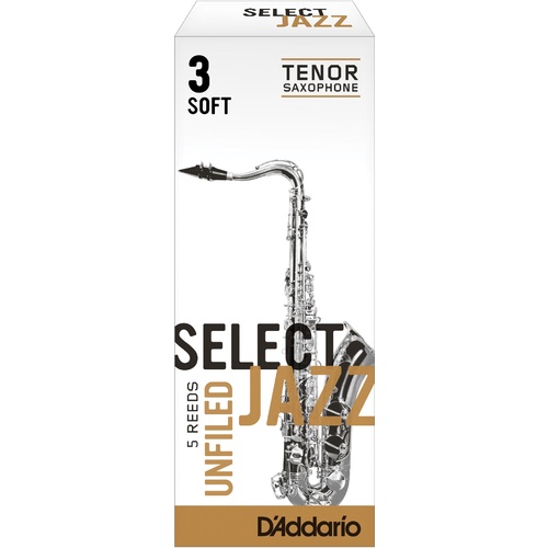 Rico Select Jazz Tenor Sax Reeds, Unfiled, Strength 3 Strength Soft, 5-pack