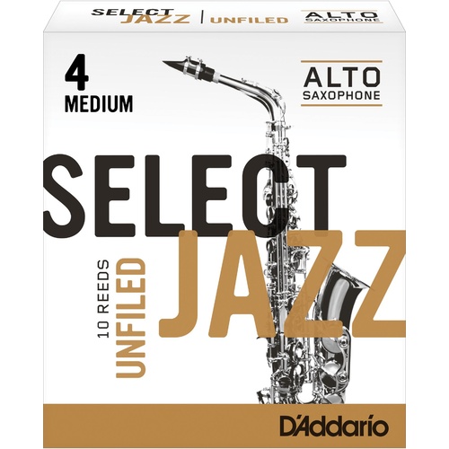 Rico Select Jazz Alto Sax Reeds, Unfiled, Strength 4 Strength Medium, 10-pack