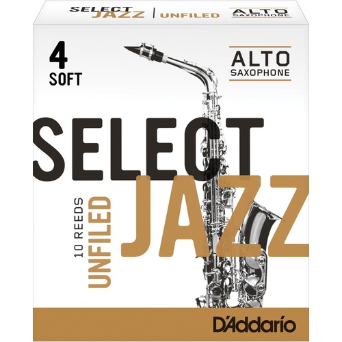 Rico Select Jazz Alto Sax Reeds, Unfiled, Strength 4 Strength Soft, 10-pack