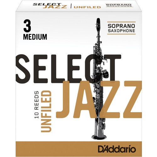 Rico Select Jazz Soprano Sax Reeds, Unfiled, Strength 3 Strength Medium, 10-pack