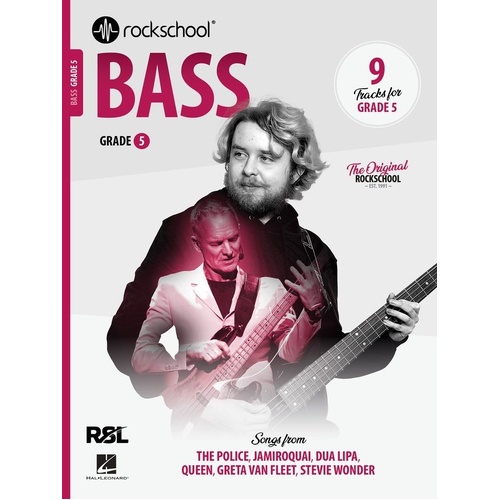 Rockschool Bass Grade 5 (2024) - Double Bass, 56 Pages, Features Songs by Stevie Wonder, Queen, Dua Lipa, and More