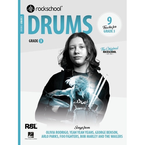 Rockschool Drums Grade 3 (2024) - 48 Pages, Percussion, Features 9 Tracks Including Songs by George Benson, Olivia Rodrigo, and Bob Marley