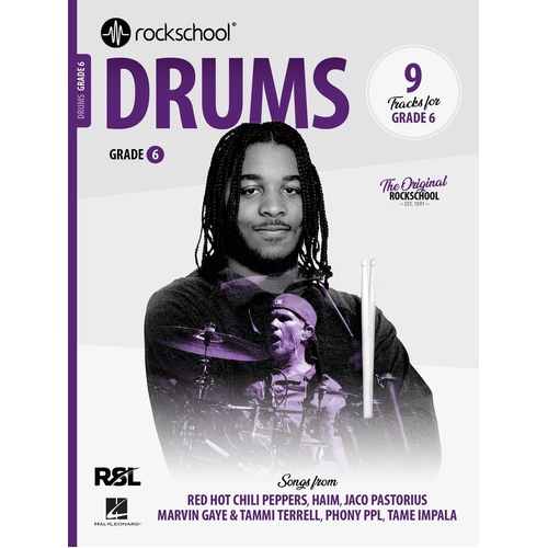 Rockschool Drums Grade 6 (2024) - 72 Pages, Percussion, Featuring 9 Tracks Including "The Chicken" and "Lost In Yesterday"