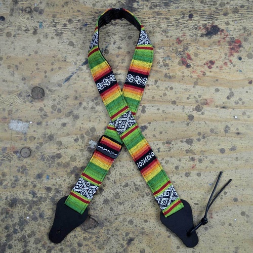 Colonial Leather Ukulele Strap Rasta Rag Lime 40mm Webbing Adjustable 80-115cm Genuine Leather Ends