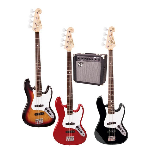 SX SB1SK 4/4 Bass Guitar Kit with 10W Amplifier, Gig Bag, Tuner, Strap, Lead, and Online Lessons - Candy Apple Red
