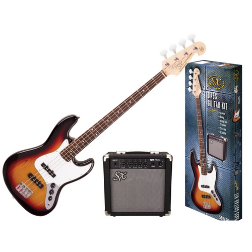 SX JB Bass Guitar Kit with Amplifier, Tuner, Gig Bag, Strap, Picks, Lead, and Online Lessons - 3 Tone Sunburst