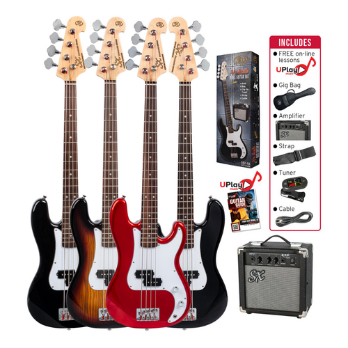 SX 3/4 Size Bass Guitar Kit with Amplifier, Tuner, Gig Bag & Lessons