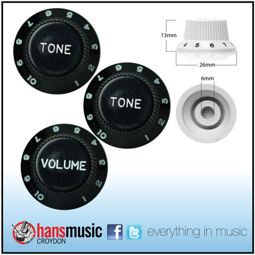 3 x Strat Style Volume / Tone Control Knobs Electric Guitar - Black
