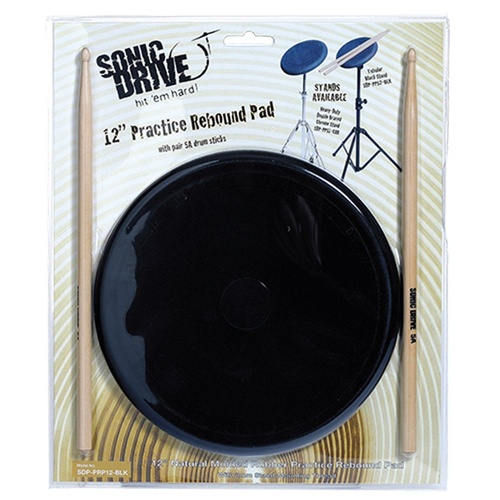 Sonic Drive SDP-PRP12-BLK 12" Natural Rebound Drum Practice Pad Set with 5A Wood Tip Drumsticks
