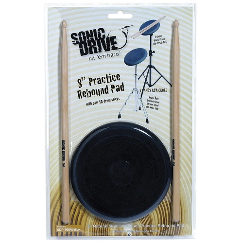 Sonic Drive SDP-PRP8-BLK 8" Natural Rebound Drum Practice Pad Set with 5A Wood Tip Drumsticks