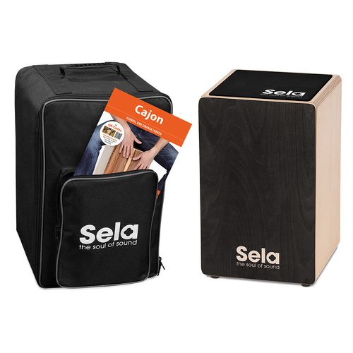 Sela Primera Cajon Bundle with Backpack, Pad Seat, and Learn To Play Book in Black Finish