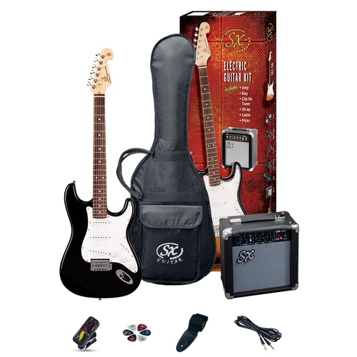 SX SE1SK 4/4 Size Electric Guitar Kit Blue with Amplifier, Tuner, Gig Bag, Picks and Online Lessons
