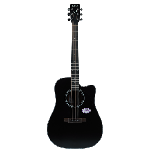 Saga SF600CE Black Dreadnought Acoustic-Electric Cutaway Guitar with E-4T Pickup and Tuner, Matte Finish, Gig Bag Included