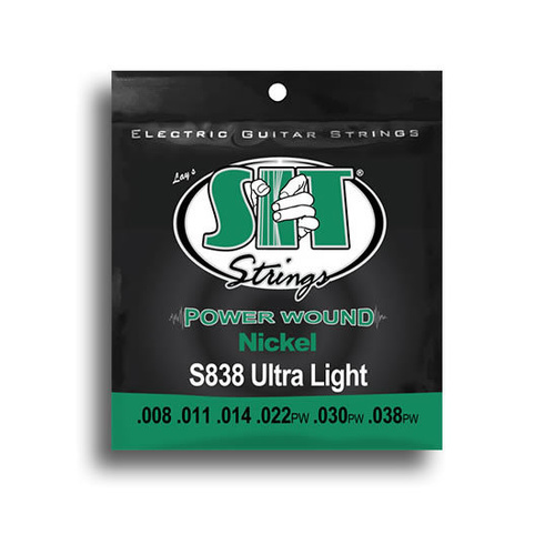 SIT Power Wound Ultra Light Electric Guitar String Set .008-.038, Nickel-Plated, Made in USA, 6 Strings